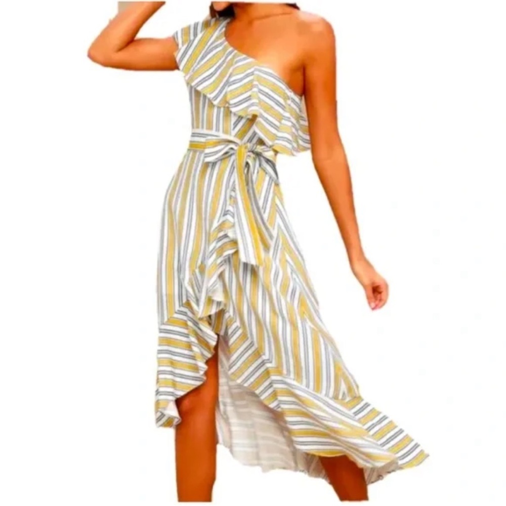 Lulu’s Yellow White Striped High Tide One Shoulder Ruffle Midi Dress
